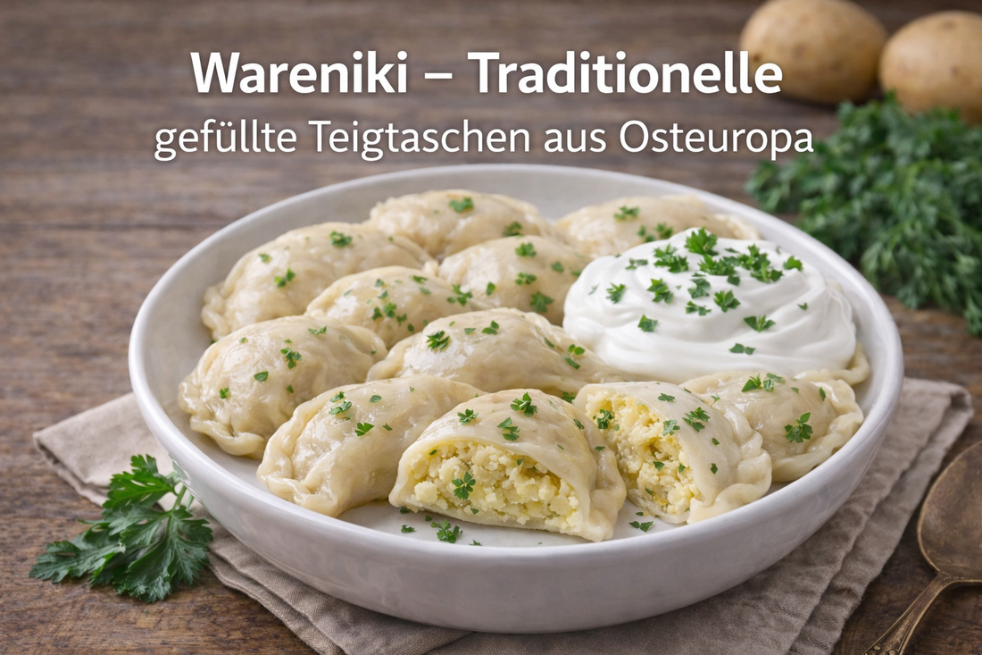 Wareniki traditionelle osteuropäische Teigtaschen mit Kartoffelfüllung und Sauerrahm