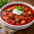 Traditioneller Borscht mit Roter Bete und Rindfleisch