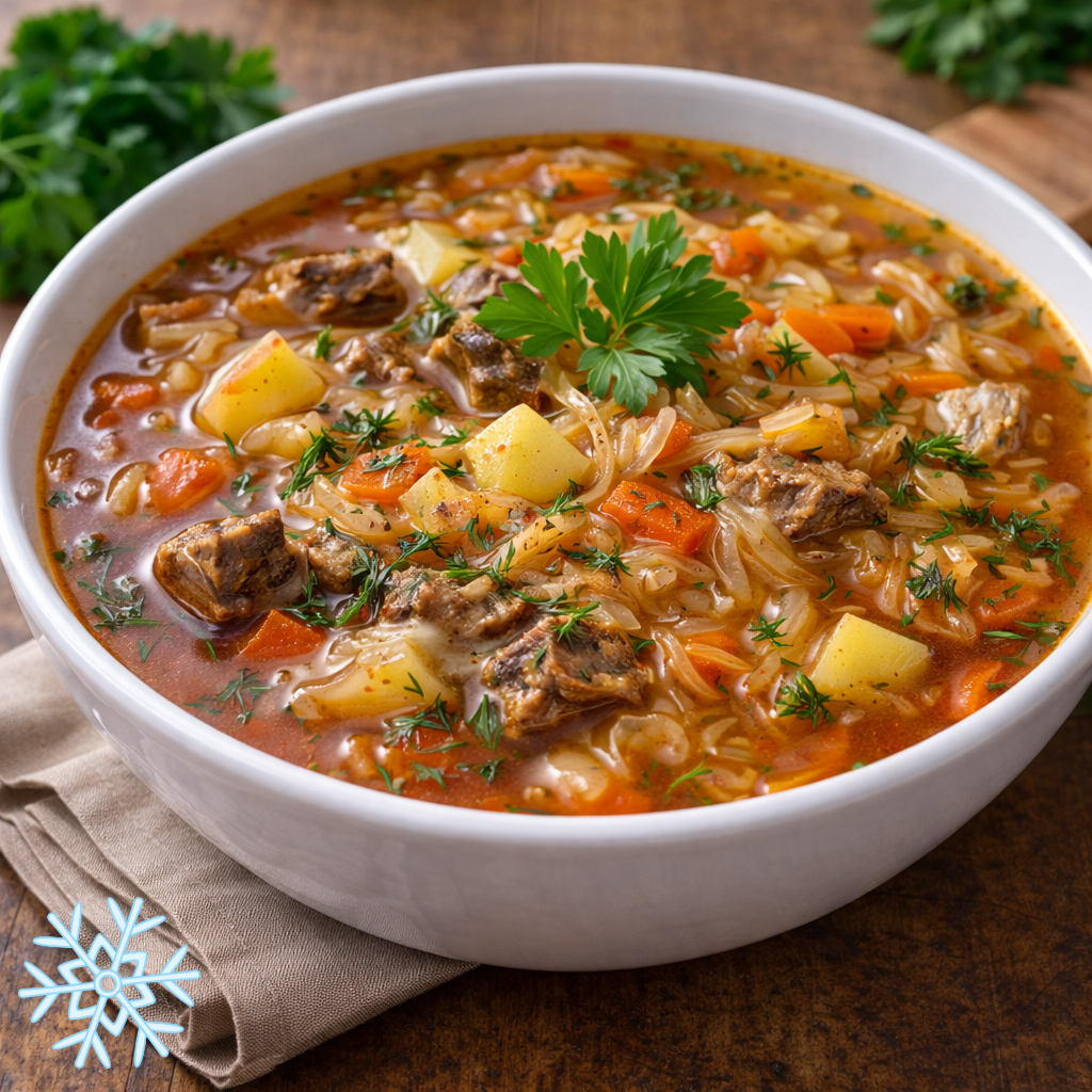 Traditionelle Schtschi Suppe mit Sauerkraut und Rindfleisch