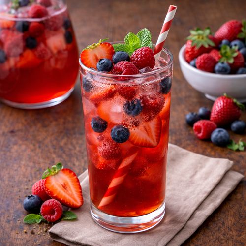 Hausgemachte Beeren Limonade mit Erdbeeren und Heidelbeeren