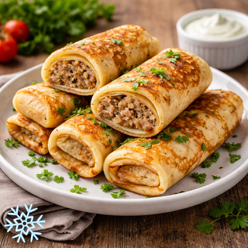 Bliny mit Fleisch gefüllt – traditionelle Pfannkuchen hausgemacht