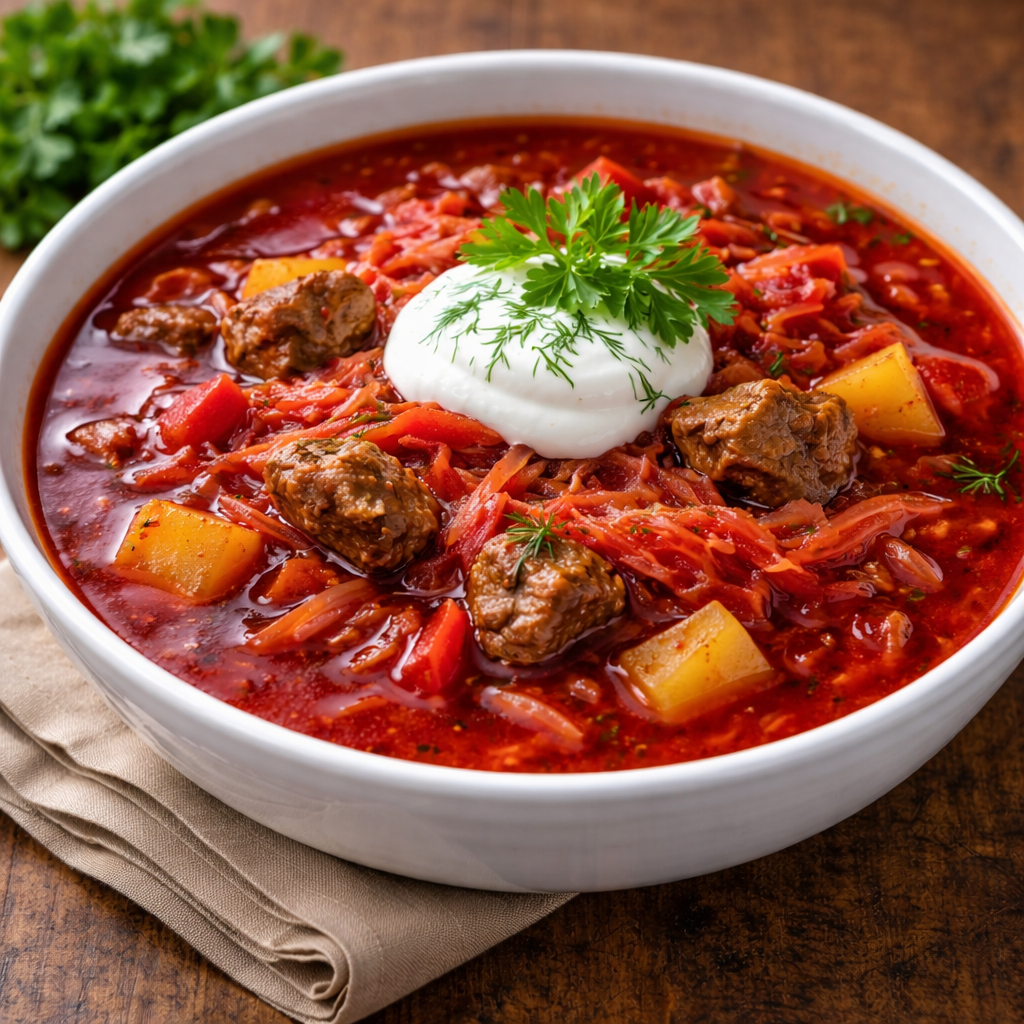 Traditioneller Borscht mit Roter Bete und Rindfleisch