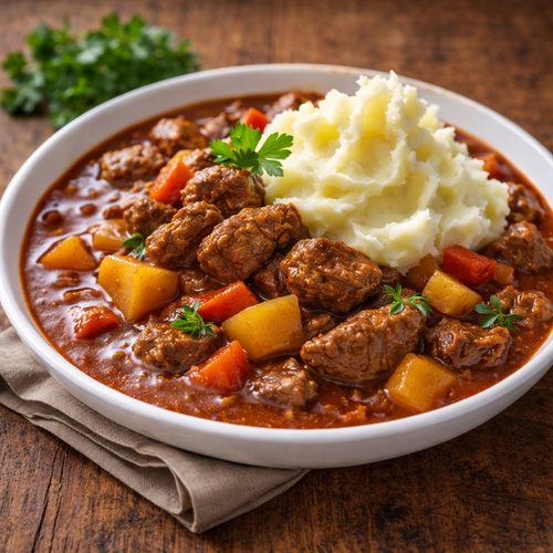 Hausgemachtes Rindfleisch Gulasch mit Kartoffelstock
