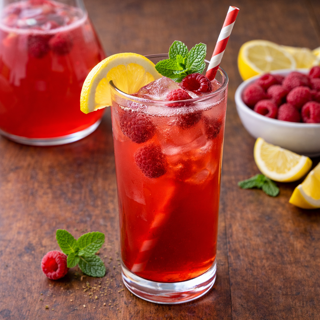 Hausgemachte Himbeer Limonade mit Zitrone und Minze
