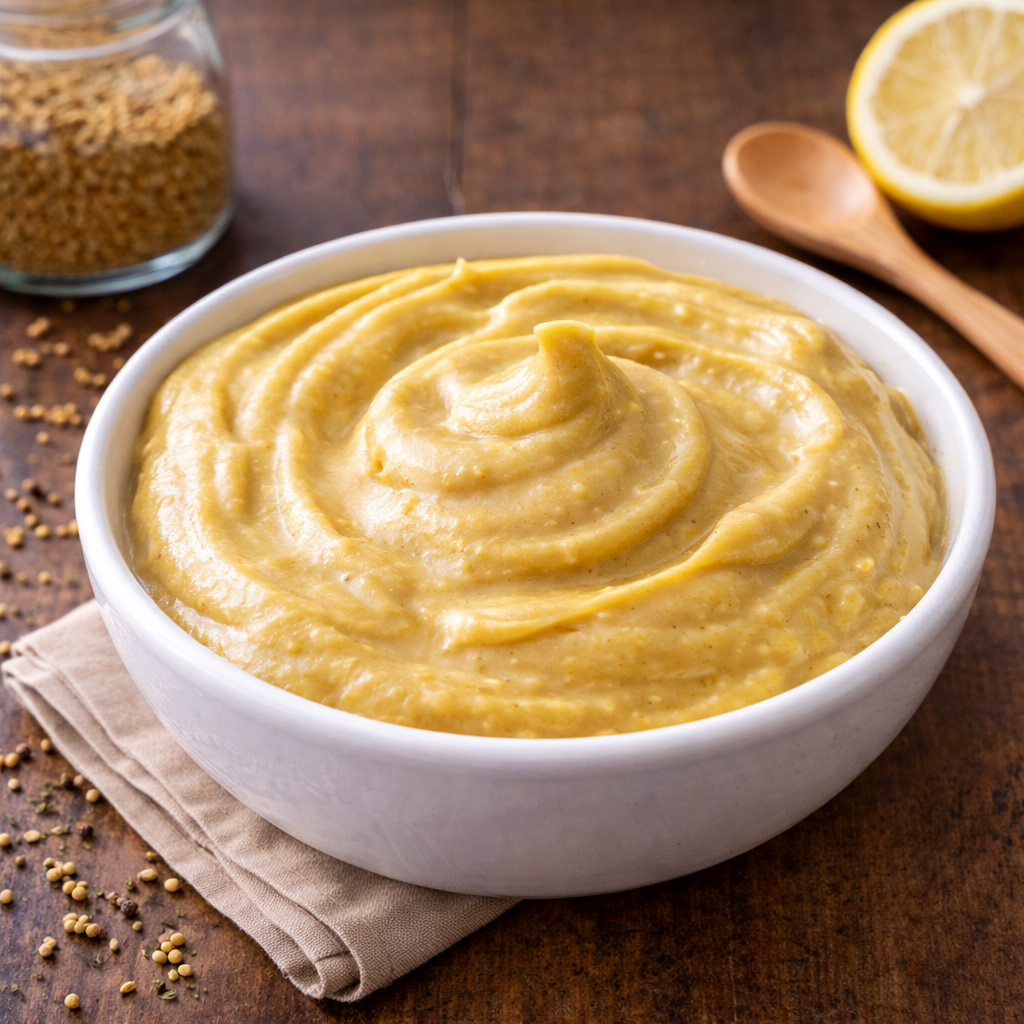 Hausgemachter Senf in Schüssel mit Senfkörnern und Zitrone