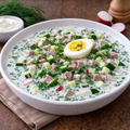 Russische Okroschka kalte Suppe mit Gurken Ei und Dill