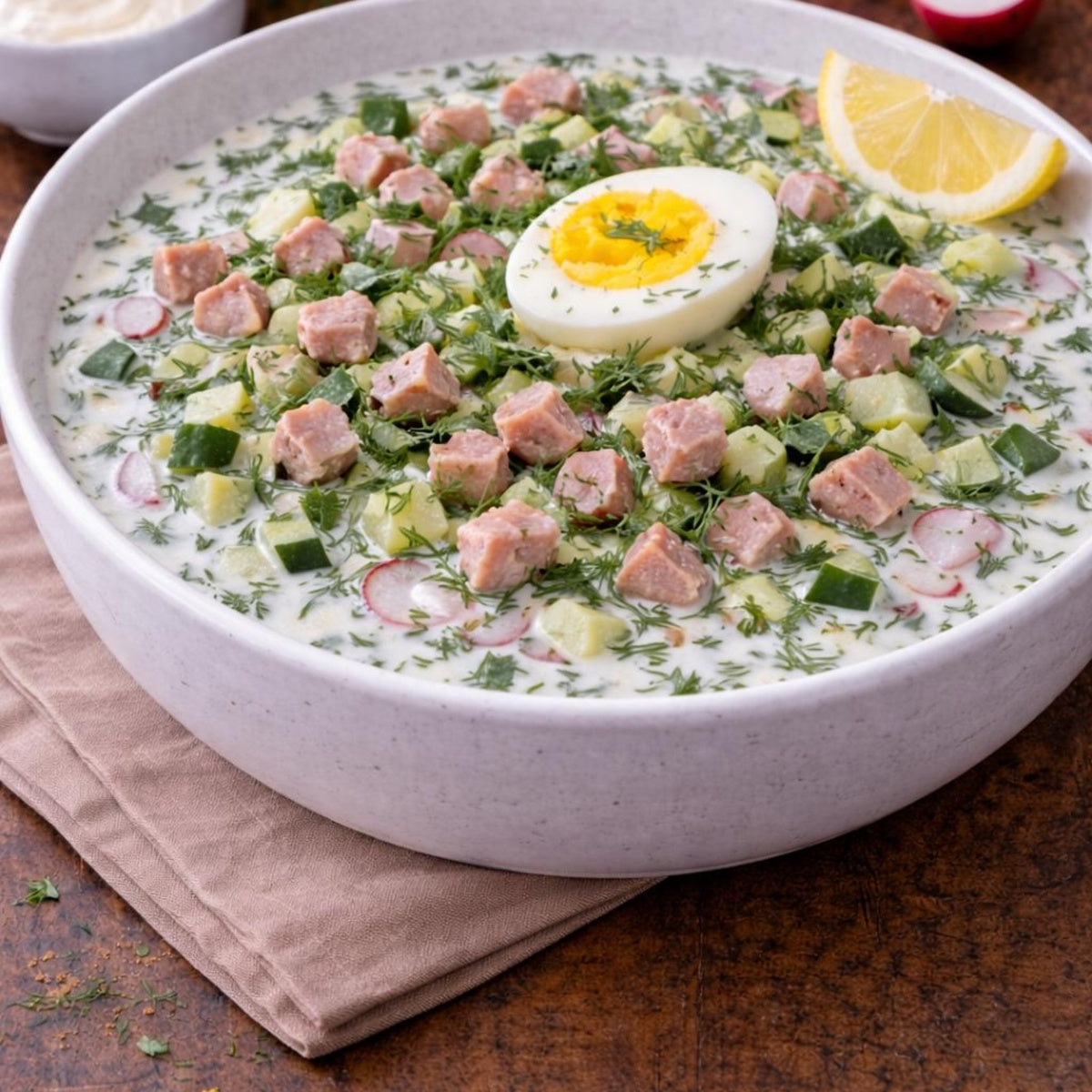 Okroshka mit Fleisch kaufen Schweiz – russische kalte Suppe mit Ei, Gurken und Dill