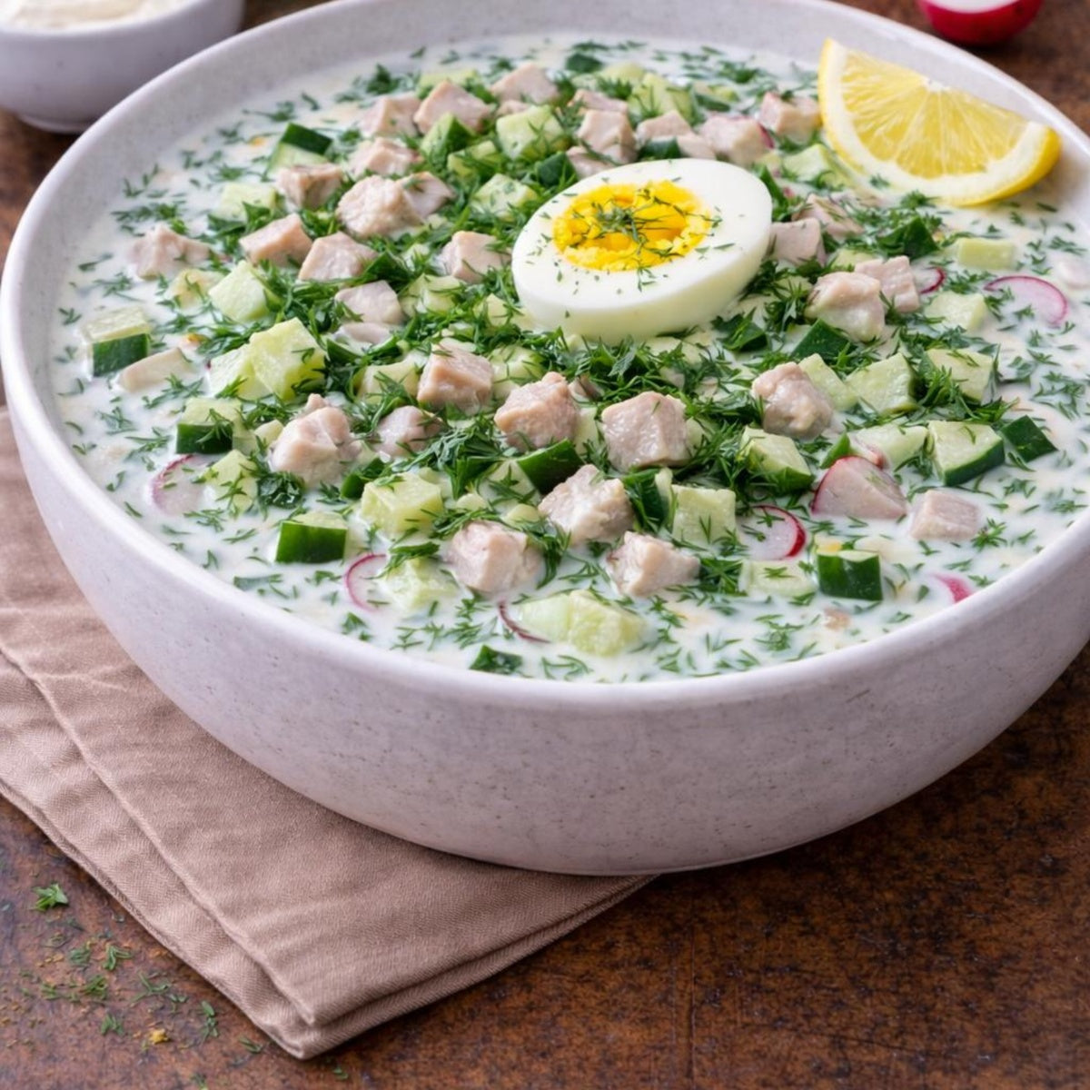 Okroshka mit Huhn kaufen Schweiz – russische kalte Suppe mit Ei, Gurken und Dill