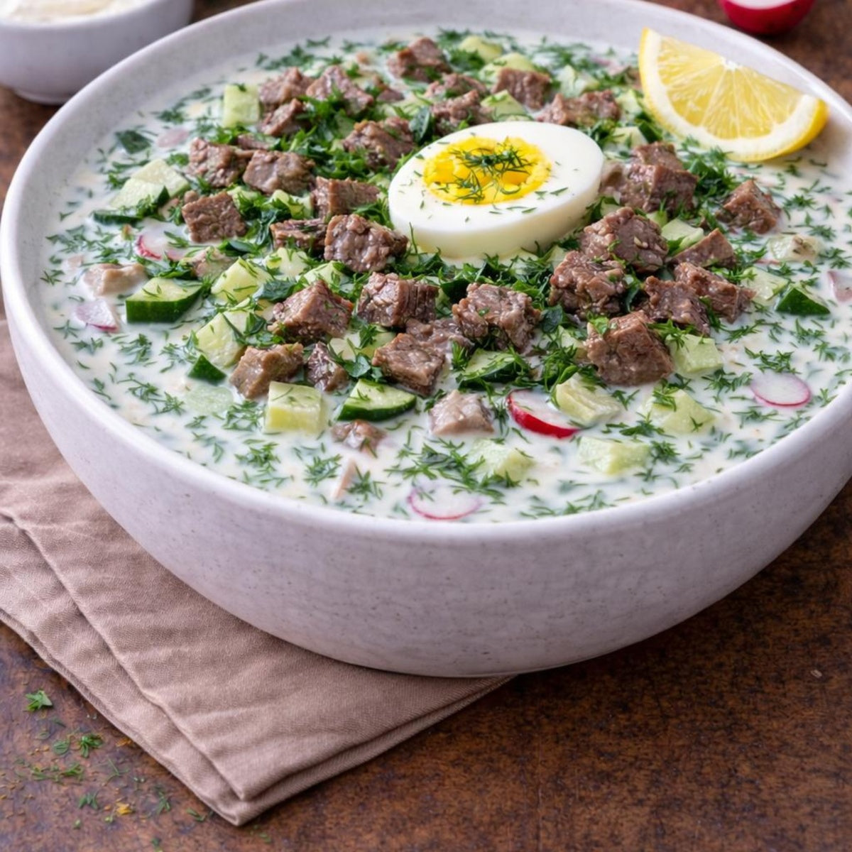 Okroshka mit Rindfleisch kaufen Schweiz – russische kalte Suppe mit Ei, Gurken und Dill
