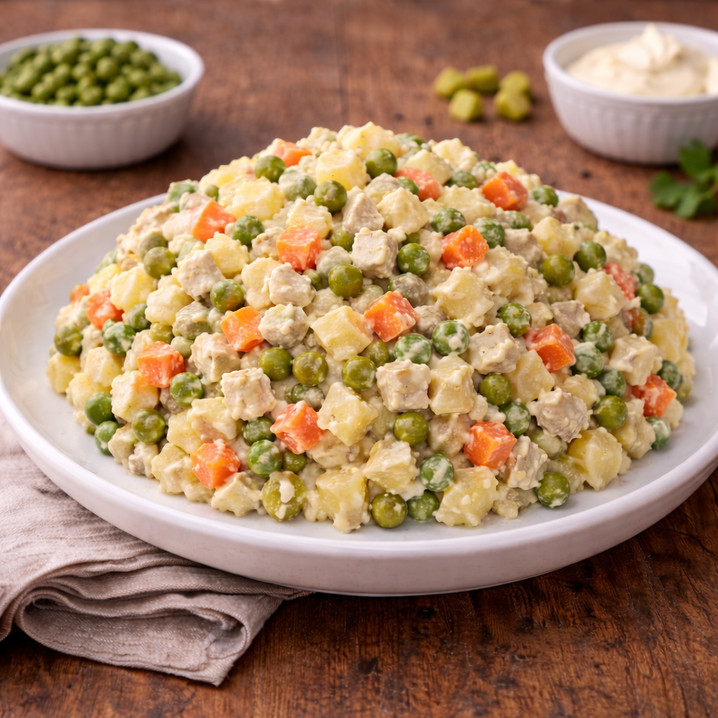 Russischer Salat Olivie mit Gemüse und Mayonnaise