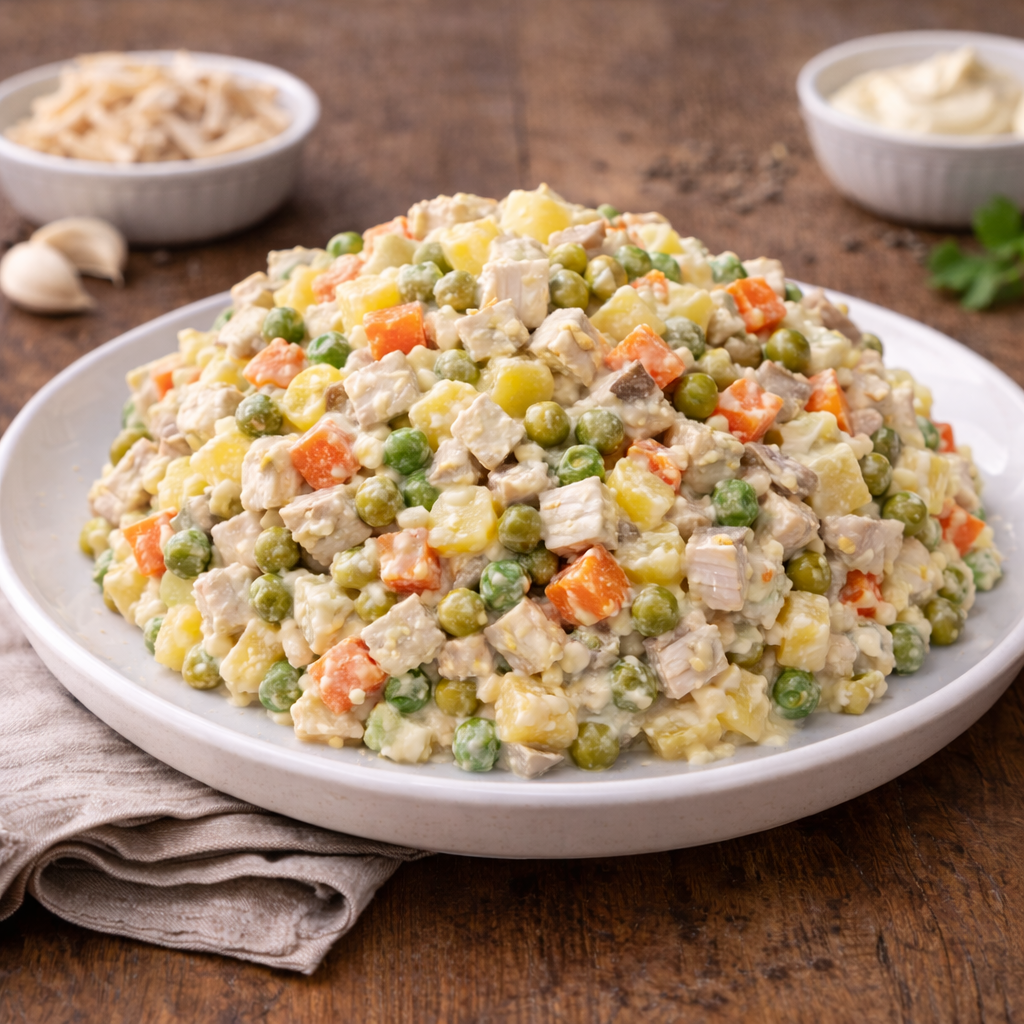 Olivier Salat Portion mit Gemüse und Eiern