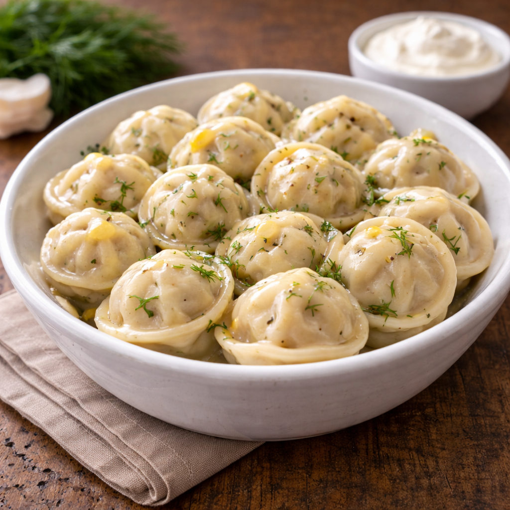 Russische Pelmeni mit Sauerrahm auf Teller