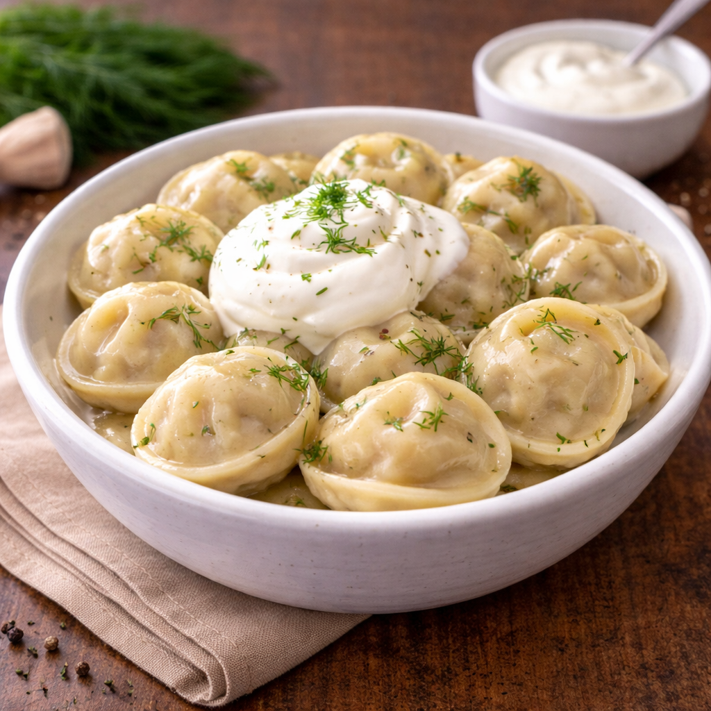 gekochte Pelmeni mit Schwein und Rind auf Teller