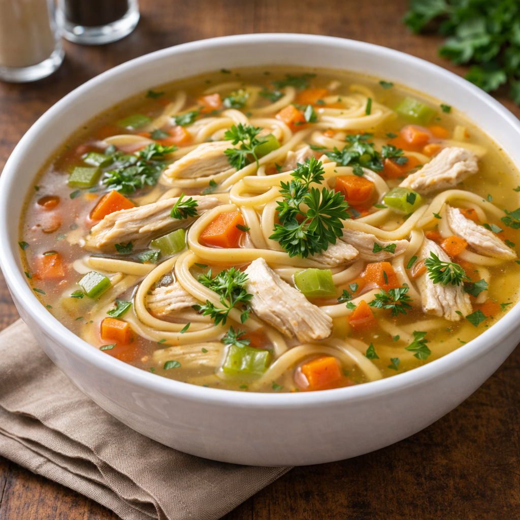 Traditionelle Hühnersuppe mit Nudeln und Gemüse