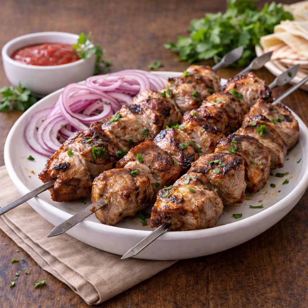 Schaschlik Spieße vom Grill mit Rindfleisch und Zwiebeln