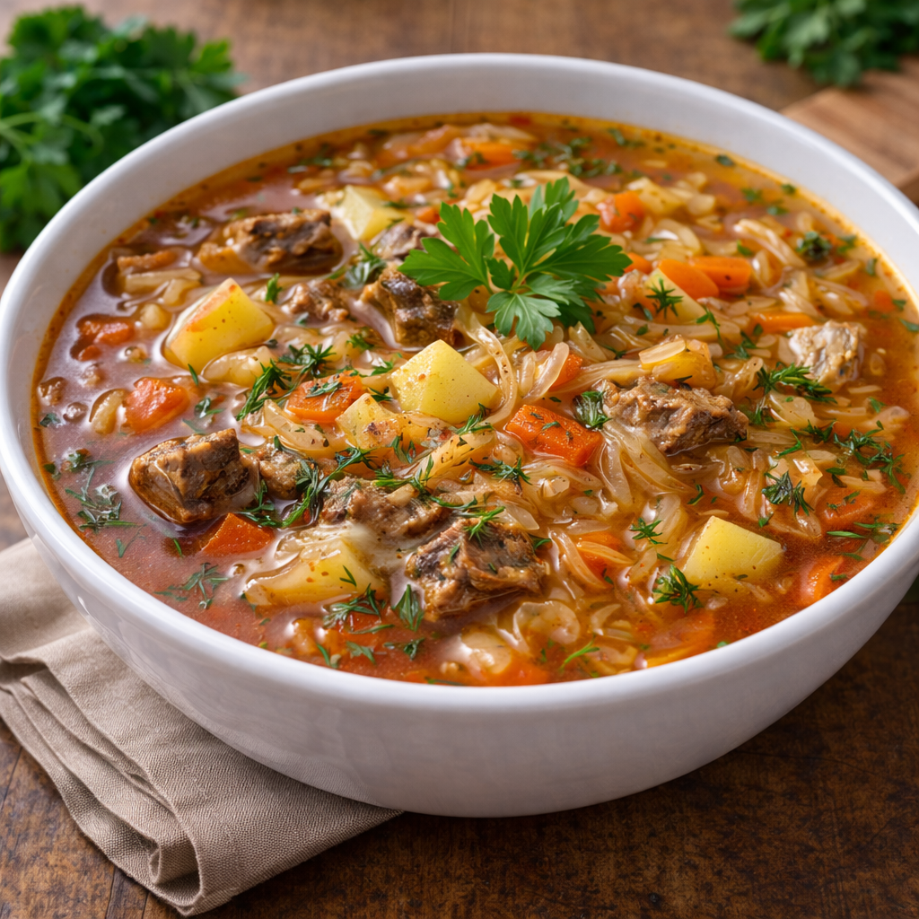 Traditionelle Schtschi Suppe mit Sauerkraut und Rindfleisch