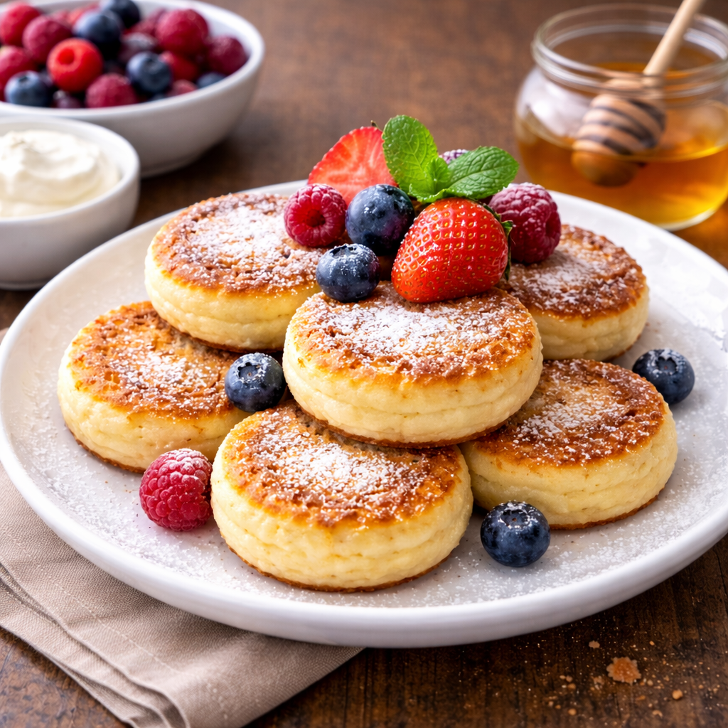 Traditionelle russische Syrniki mit Beeren und Honig